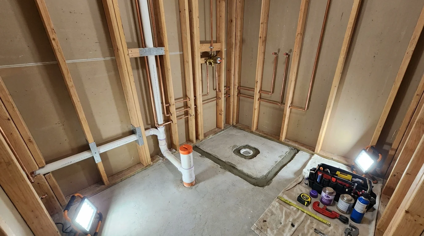 Bathroom rough-in plumbing during remodel by Johns Plumbing LLC in Eden Prairie