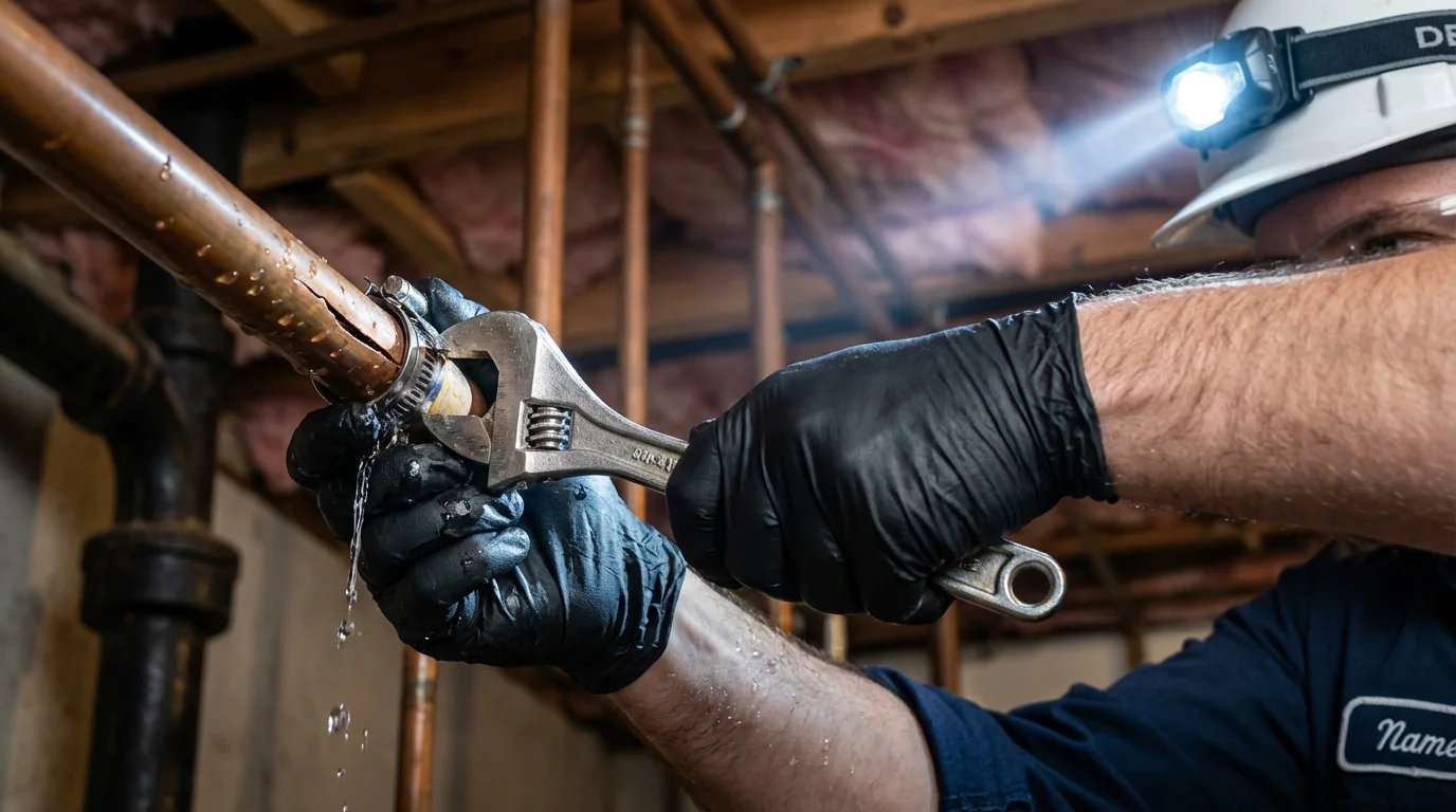 Emergency pipe clamp repair being performed by a Johns Plumbing LLC plumber in Eden Prairie