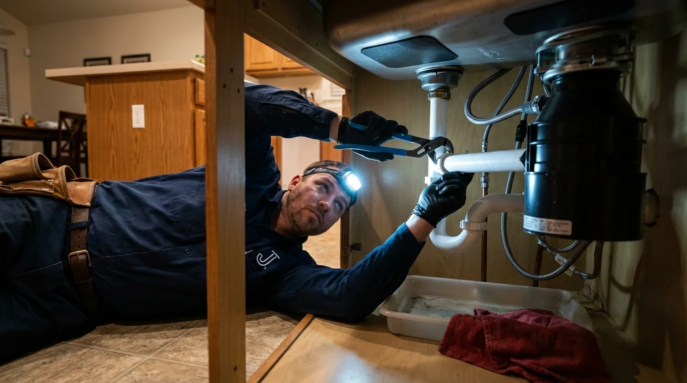 P-trap and supply line connections under a kitchen sink showing a common leak point in Eden Prairie, MN